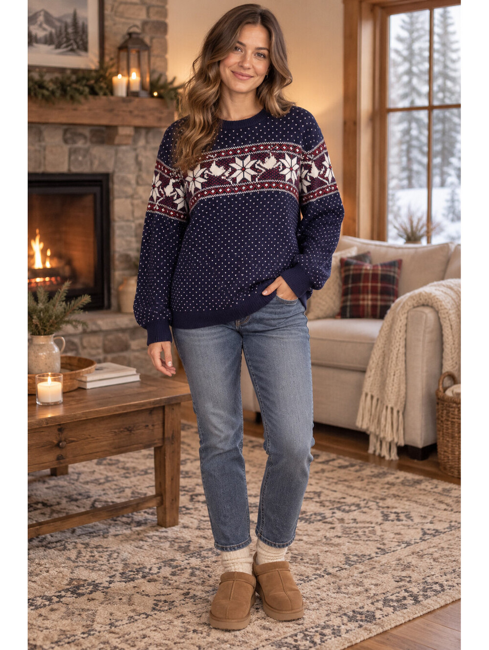 Crown & Ivy Fair Isle Sweater Womens XL Navy Snowflake Nordic Holiday Knit Cozy